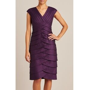 Adrianna Papell Purple Tiered Shimmer Sheath Dress Metallic V Neck Size 6 Glam